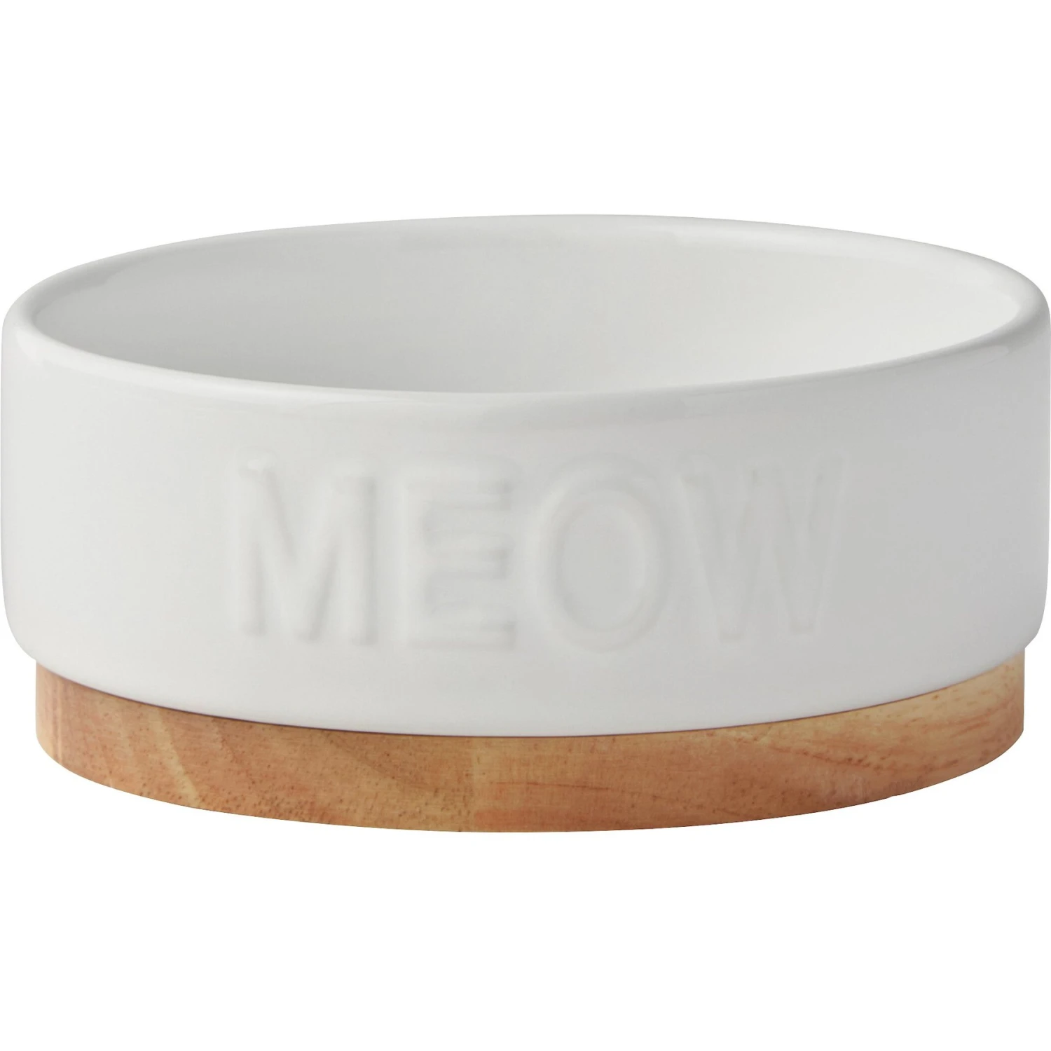 Frisco Round Meow Non-skid Ceramic Cat Bowl With Wood Base 3 Frisco Round Meow Non-skid Ceramic Cat Bowl With Wood Base