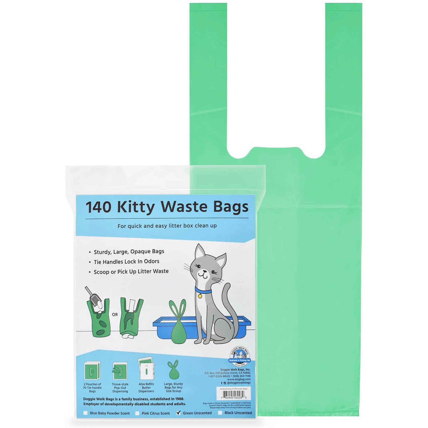 Doggie Walk Bags Unscented Tie Handle Cat Litter Bags, Green, 140 Count 3 Doggie Walk Bags Unscented Tie Handle Cat Litter Bags, Green, 140 Count